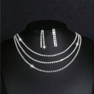 Elegant Silver Crystal Three Layer Necklace and Drop Down Earring Set